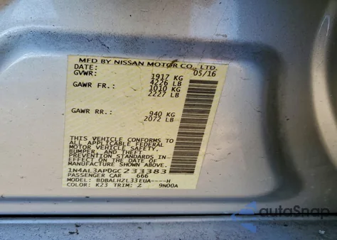 2016 Nissan Altima 2.5 z USA, uszkodzony, nr VIN 1N4AL3AP0GC233383